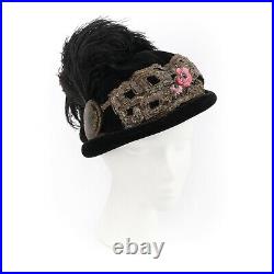 STYLE SQUARE Distinctive Hats c. 1910's Rolled Brim Ostrich Velveteen Cloche Hat