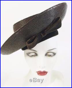 Sally Victor Headline Vtg Metallic Chocolate Brown Straw Velvet Picture Tilt Hat