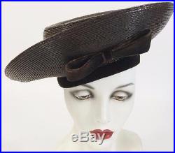 Sally Victor Headline Vtg Metallic Chocolate Brown Straw Velvet Picture Tilt Hat