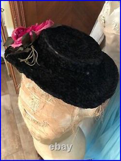 Scarce Antique French Victorian Museum Paul Virot Floral Black Velvet Hat Paris