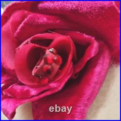 Schiaparelli Paris White Fur Felt Cloche Hat Rose Velvet Rhinestones Flower