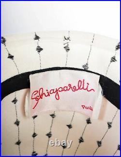 Schiaparelli Vintage Off White and Black Embroidered Wool Leather Hat