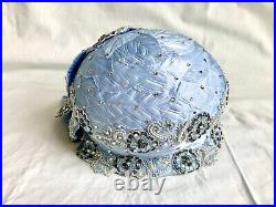 Scruples By EVE ANDREA Hat Vintage Applique Rhinestone Blue Church Cloche Derby