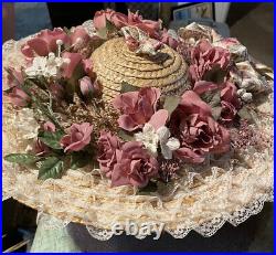 Straw Hat Vintage Hand Woven Silk Flowers
