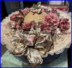 Straw Hat Vintage Hand Woven Silk Flowers