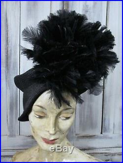 Striking Vintage 1940's Black Straw & Feather SALLY VICTOR Asymmetrical Hat