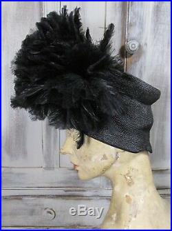 Striking Vintage 1940's Black Straw & Feather SALLY VICTOR Asymmetrical Hat