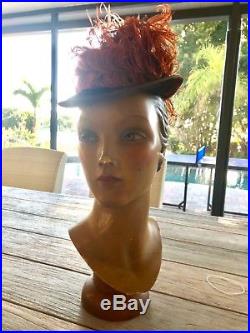 Stunning Antique French Mannequin Head Paris Schiaparelli Feather Hat Artdeco