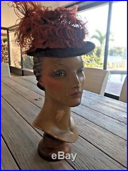 Stunning Antique French Mannequin Head Paris Schiaparelli Feather Hat Artdeco