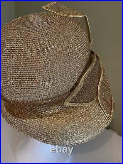 Stunning Showstopper Original Mr Hi's Gold Straw Rhinestone Dress Hat Cloche