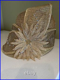 Stunning Showstopper Original Mr Hi's Gold Straw Rhinestone Dress Hat Cloche