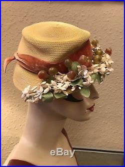 Stunning True Vintage 1940's Yellow Cocktail Hat With Flowers And Fruit