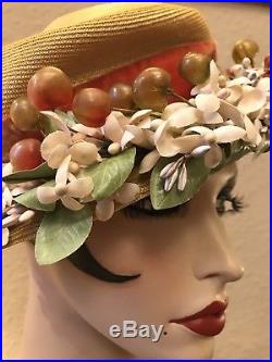 Stunning True Vintage 1940's Yellow Cocktail Hat With Flowers And Fruit