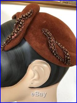 Stunning True Vintage Fifties Brown Felt Cocktail Hat With Bead Trim
