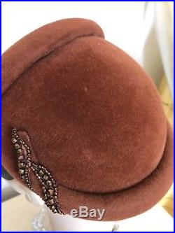 Stunning True Vintage Fifties Brown Felt Cocktail Hat With Bead Trim