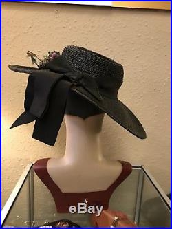 Stunning True Vintage Forties Open Crown Black Straw Wide Brim Hat With Fruit