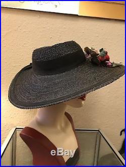 Stunning True Vintage Forties Open Crown Black Straw Wide Brim Hat With Fruit