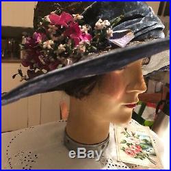 Stunning Vintage Edwardian Ladies Hat Blue velvet Downton Abbey Flapper Titanic