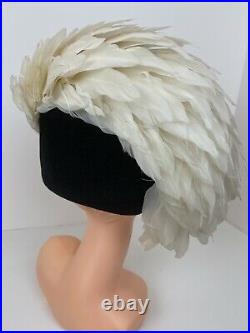Stunning Vintage Ladies Jack McConnell Black Hat White Feathers Red Feather Tag
