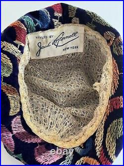 Styled By Jack McConnell NY Women's Embroidered Velvet Hat Rainbow Stitch VTG