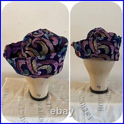 Styled By Jack McConnell NY Women's Embroidered Velvet Hat Rainbow Stitch VTG