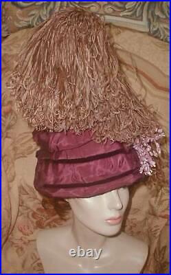 Super TALL Antique French Purple Silk Toque w HAT Willow Ostrich Plumes, Flowers