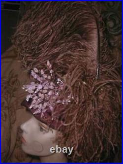 Super TALL Antique French Purple Silk Toque w HAT Willow Ostrich Plumes, Flowers