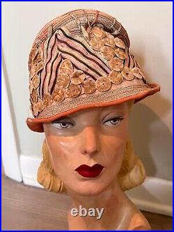 Superb! Authentic Vintage Flapper Hat, charming 1920s Straw, velvet, ribbon
