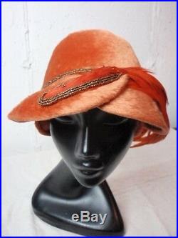 Suzy Lee California Vintage Hat Modern Cloche Orange Wool Fur Felt Beads Feather