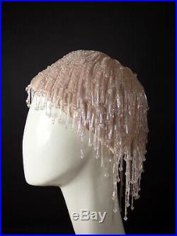 TONY CHASE-1980s Pink Beaded Fringe Helmet Cloche