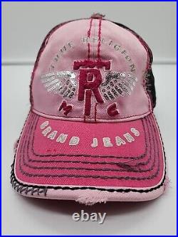 TRUE RELIGION Brand Jeans Pink Distressed Adjustable Leather Strap-Back Hat VTG