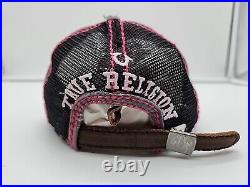 TRUE RELIGION Brand Jeans Pink Distressed Adjustable Leather Strap-Back Hat VTG