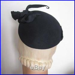 TRUE VINTAGE 1930's Navy Wool Felt Tilt Hat with Large Grosgrain Bow