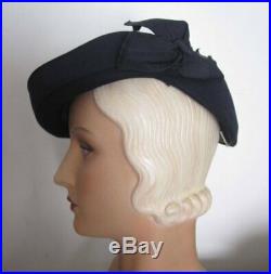 TRUE VINTAGE 1930's Navy Wool Felt Tilt Hat with Large Grosgrain Bow
