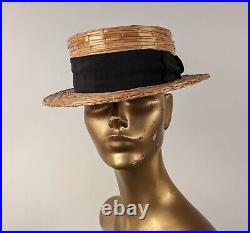 Timeless Antique Women's Soft Straw Boater Hat W Black Gosgrain Trim Unisex
