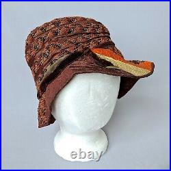 True 1920s Vintage Cloche Hat w Lame & Velvet Ribbon 20s Antique Warm Colors