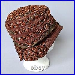 True 1920s Vintage Cloche Hat w Lame & Velvet Ribbon 20s Antique Warm Colors