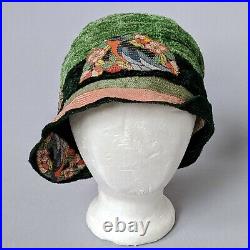 True Antique 1920s Fahnley Cloche Hat Bird Flower Appliqués Metal Thread Vintage
