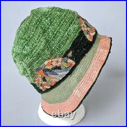 True Antique 1920s Fahnley Cloche Hat Bird Flower Appliqués Metal Thread Vintage