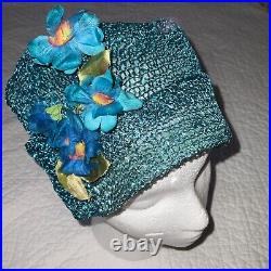 True Vintage 1920s HAT cloche hat WOW flowers turquoise raffia