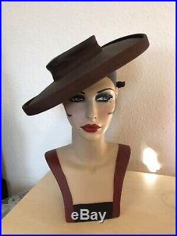 True Vintage 1940s American Wide Brim Brown Straw Hat With Bow Detail