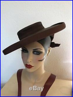 True Vintage 1940s American Wide Brim Brown Straw Hat With Bow Detail