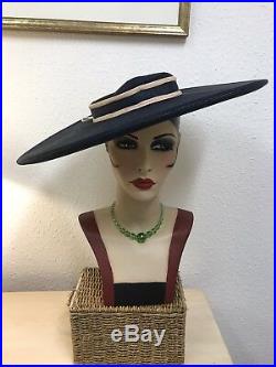 True Vintage 1940s American Wide Brim Navy Straw Hat With Pink Detail
