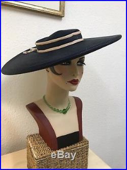 True Vintage 1940s American Wide Brim Navy Straw Hat With Pink Detail