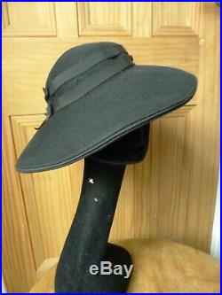 True Vintage ladies Black 1940's wide brim hat, glamour, WW2, races