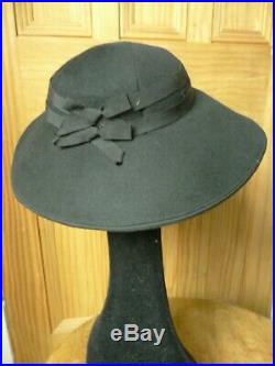 True Vintage ladies Black 1940's wide brim hat, glamour, WW2, races