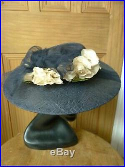 True Vintage ladies Navy Blue 1940's platter hat, wide brim, floral