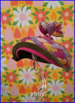 Unusual 1950's Multicolored Scalloped Cut Feather Hat W Feather Roses