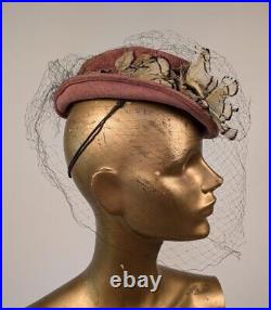 Unusual Antique 1930's Salmon Pink Hat W Butterfly Wing Dyed Feather Florals