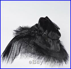 Unusual Antique 1930s Slick Black Horsehair Hat W Jet Trims